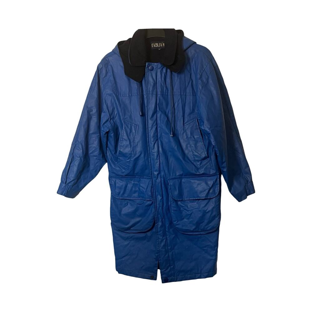 Nautica Raincoat Mens Size M Blue Heavyweight Lined Hood Mid Length Pockets
